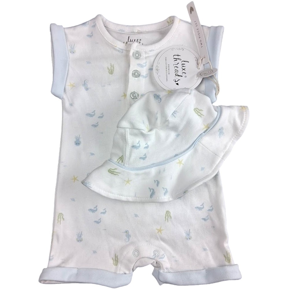 Luxe Threads Baby Boy 2pc Romper Outfit Ocean 6 9‎ Mos Pima Cotton Soft Hat NWT